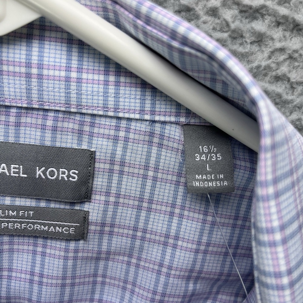 Michael Kors Performance Slim Fit Dress Shirt Mens Large Blue Plaid Stretch NWT - Picture 5 of 13